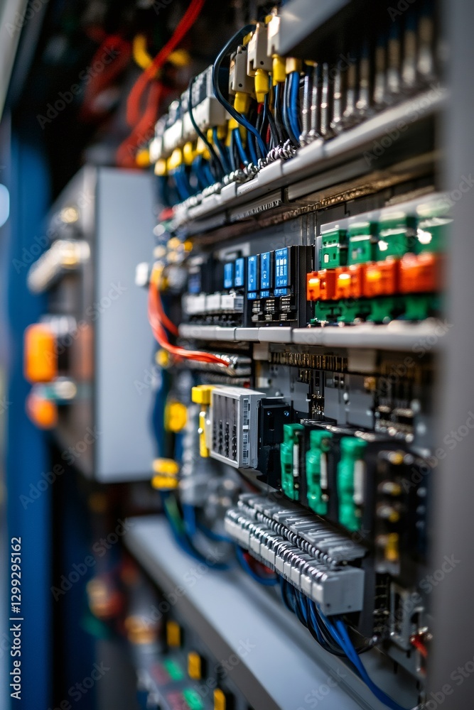 Poster Electrical cabinet showing colorful wires and components in shallow depth of field