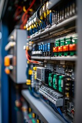 Electrical cabinet showing colorful wires and components in shallow depth of field