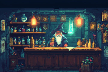 "A cozy pixel art magic shop filled with potions, glowing artifacts, mysterious scrolls, and an old wizard behind the counter