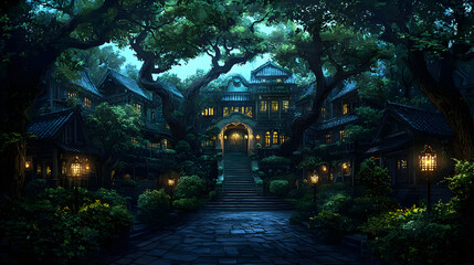 Obraz premium Evening View Of An Oriental Garden With Stone Pathway And Illuminated Buildings