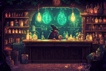 "A cozy pixel art magic shop filled with potions, glowing artifacts, mysterious scrolls, and an old wizard behind the counter