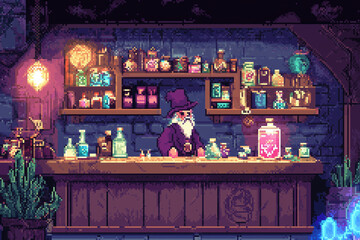 "A cozy pixel art magic shop filled with potions, glowing artifacts, mysterious scrolls, and an old wizard behind the counter