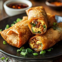 Crispy fried egg rolls with savory filling on a black plate, garnished with green onions and cilantro