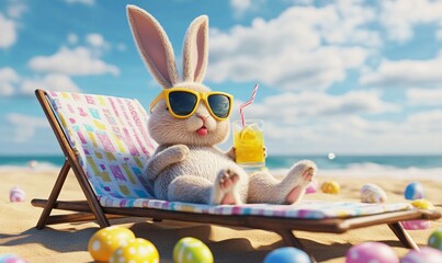 Relaxing Easter bunny wearing sunglasses on a beach lounger, enjoying a tropical drink and holding colorful eggs