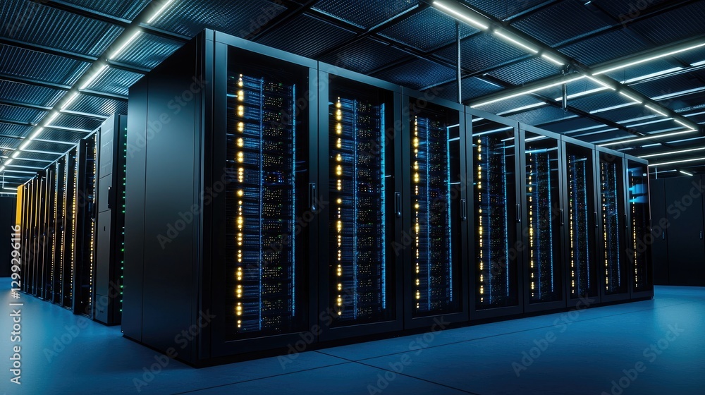 Poster Modern data center with illuminated server racks and advanced cooling. Ideal for cloud computing, cyber security, and data storage