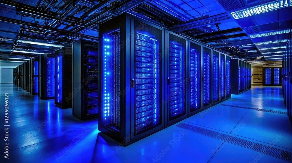 Poster High tech data center with glowing blue server racks and advanced cooling systems. Ideal for cloud computing, cyber security, and data storage