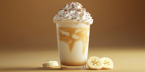 Creamy dessert beverage topped with whipped cream and chocolate shavings garnished with banana slices on a warm background