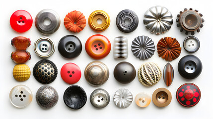 Collection of various buttons arranged in a creative display showcasing different shapes, colors, and textures