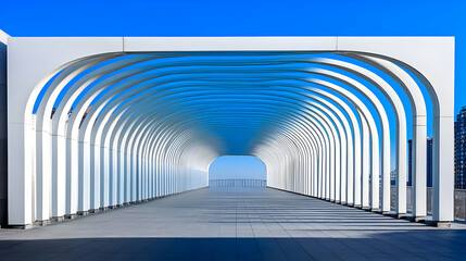 Obraz premium Architectural Tunnel Design With White Arches Under Bright Blue Sky Creating Perspective