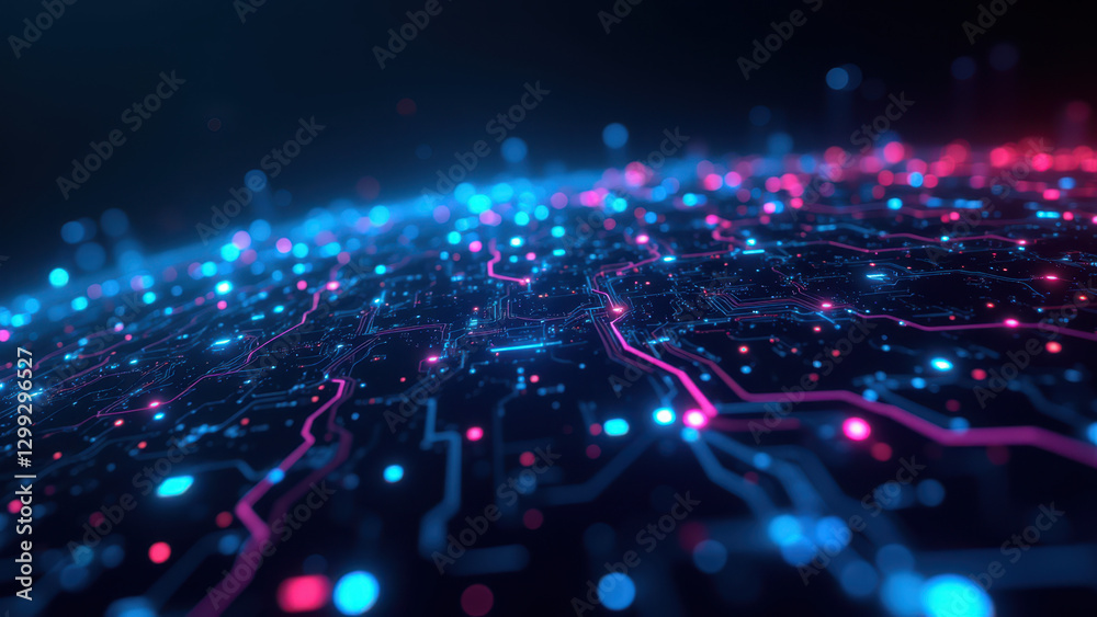 Wall mural a vibrant digital illustration of a network with neon colors representing ci/cd pipelines and devops