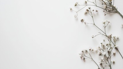 Minimal Floral Frame of Delicate Gypsophila Flowers on White Background with Copy Space, Top View