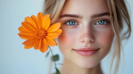 Naklejka premium Blonde teen girl holding orange flower near face