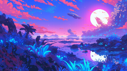 "A pixel art alien planet with glowing blue plants, strange creatures, floating rocks, and a vibrant pink sky