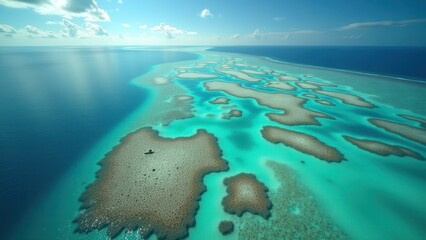 Aerial view of a shallow coral reef affected by bleaching in clear tropical waters	