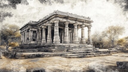 Obraz premium Ancient Stone Temple in India: A Watercolor-Style Depiction of Architectural Grandeur