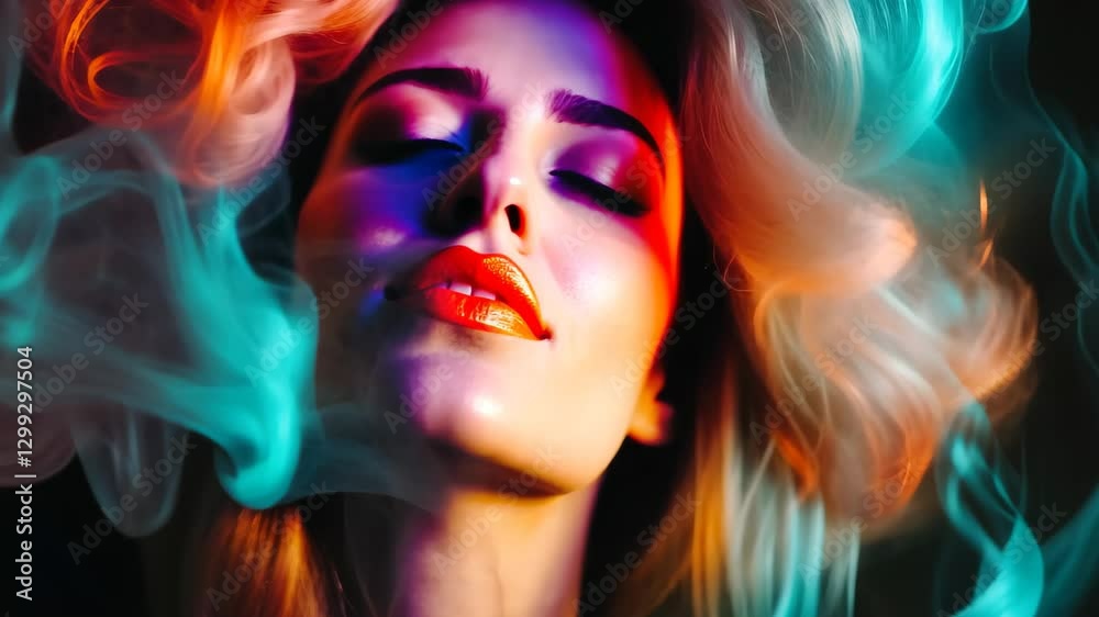 Fototapete Multicolored abstract background blending with blurred facial features in a dreamlike atmosphere, abstract glowing background with multicolored blurred gradients moving on dark