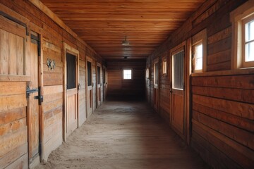 Fototapeta premium Empty horse stable interior showing stalls and sandy floor