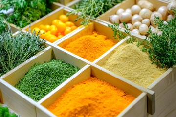 Aromatic Pantry: A close-up perspective of a wooden organizer showcases an array of vibrant culinary ingredients, from finely ground spices to fresh herbs and vegetables, promising a world of flavors.