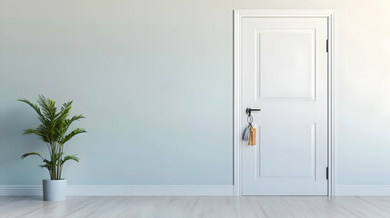 White Interior With Closed Door Plant In Grey Pot and Keys Hanging on The Knob with Sunlit Wall