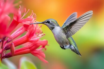 Fototapeta premium Ruby throated hummingbird hovering and drinking nectar from red flower