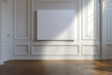 Empty room with blank canvas, sunlit, classic interior, showcasing art