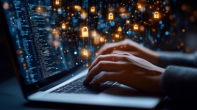 Software developer typing code on laptop with digital padlock icons for cybersecurity concept.