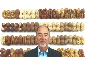 Nuts About Nutrition: A collection of diverse nuts artfully arranged above a smiling person, highlighting health and culinary variety.