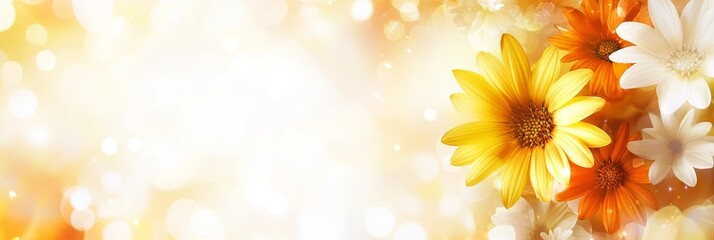 Obraz premium An abstract background featuring vibrant calendula-inspired flowers in yellow, orange, and white against a soft, glowing backdrop