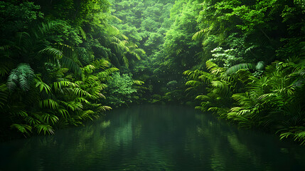 Fototapeta premium Lush Green Forest Reflections On Still Water Surface With Sunlight Illumination