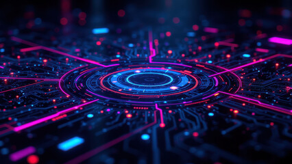 Fototapeta premium Coding universe with neon colored digital grids representing CI/CD pipelines, Docker containers, Kubernetes clusters, and DevOps ecosystem.