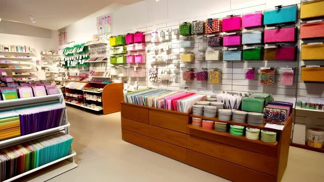 Colorful stationery shop displays enticing craft supplies