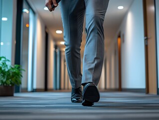 Obraz premium Purposeful Stride in a Modern Corporate Hallway