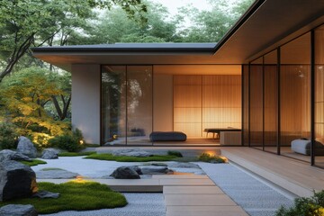 Fototapeta premium Modern house with traditional japanese garden featuring wooden walkway, rocks, and moss