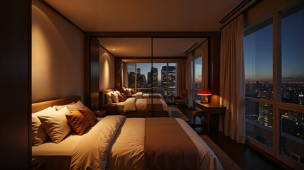 Cozy bedroom with city skyline views at night, modern tranquility