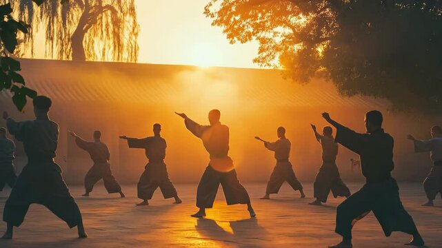 A group of monks in traditional attire practice Tai Chi at sunrise in a misty courtyard.