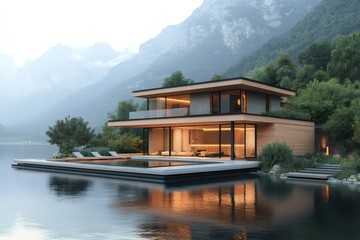 Naklejka premium Modern lake house reflecting on calm water at sunset with mountain view