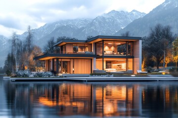Fototapeta premium Modern lakeside house reflecting in calm water at sunset with mountain view
