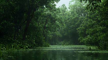 Lush Green Forest Landscape With Water Reflecting Sunlight Through Dense Foliage and Mist