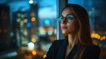 Naklejka premium Confident businesswoman gazing at city skyline at night, wearing glasses and a professional suit.