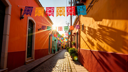 Colorful papel picado decorating cobblestone street, festive Cinco de Mayo