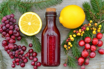 Colorful display of fruit punch ingredients featuring grapes, lemon, and fresh greenery. Concept emphasizes refreshing fruit punch for vibrant gatherings and celebrations