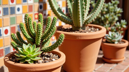 Fototapeta premium Vibrant cacti and succulents in rustic clay pots on sunny patio, Cinco de Mayo