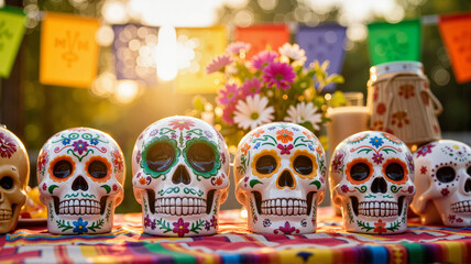 Fototapeta premium Colorful Mexican sugar skulls on festive table in sunlight, Cinco de Mayo