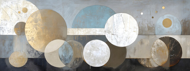 Abstract modern painting with circles and shapes in gray, beige, blue, brown, white, and gold colors
