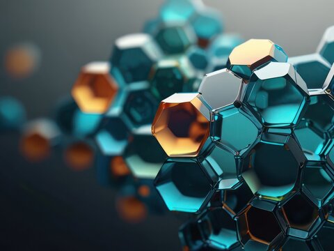 Futuristic metallic hexagonal structure with glowing blue and orange hues