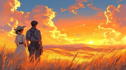 A couple standing in a golden wheat field at sunset, gazing at the horizon, evoking a feeling of adventure and nostalgia