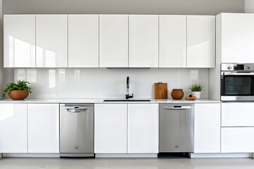 Modern White Kitchen with Stainless Steel Appliances and Natural Decor