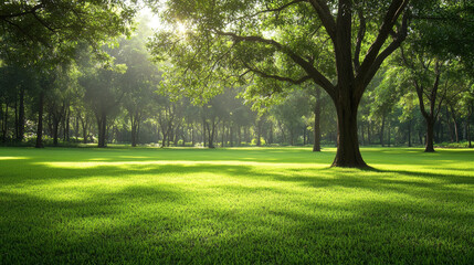 Obraz premium Serene sunlit forest scene tranquil park nature photography lush greenery ground level peaceful vibe