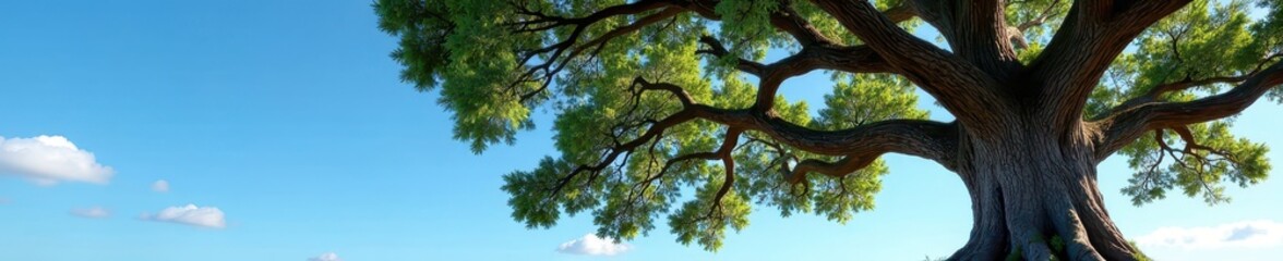 Massive oak, weathered trunk, stark against blue sky, background, texture, textured