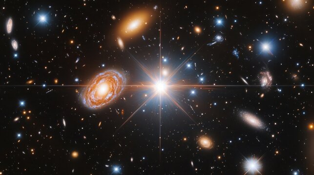 A vibrant galaxy field with bright stars and distant galaxies, including a large spiral galaxy and prominent foreground star with diffraction spikes